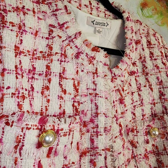 Nanette Lepore Women's Tweed Jacket Pearl Button Accents Fringe Details Size 6 - Picture 3 of 11